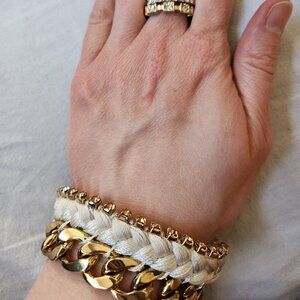 Gold tone/white stone ring band + woven bracelet